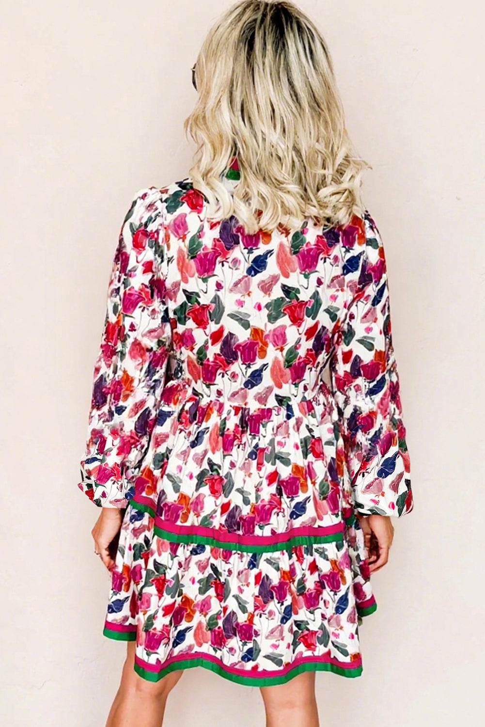 Purple Floral Print Contrast Striped Detail Long Sleeve Mini Dress