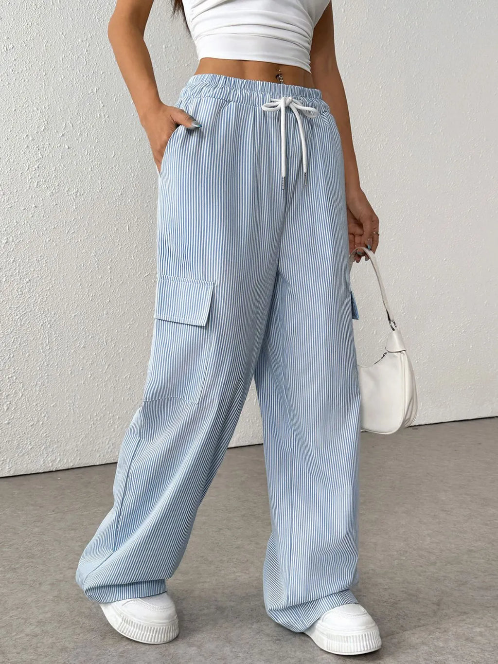 Drawstring Striped Wide Leg Cargo Pants