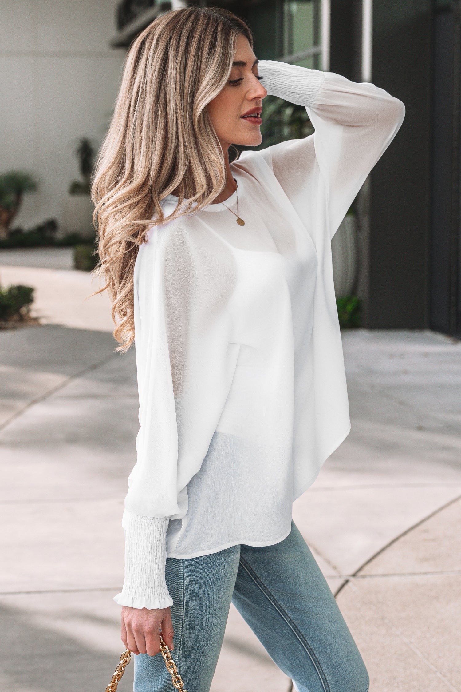 White Dolman Sleeve Blouse with Smocked Cuffs Long Sleeve Top