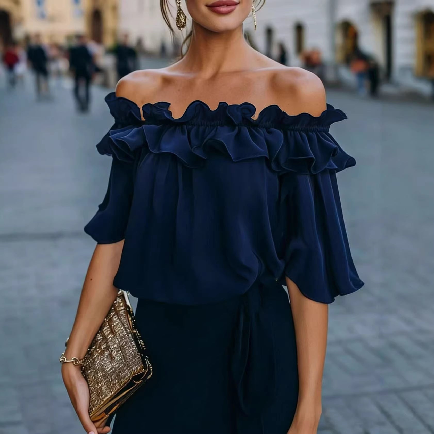 Women's Off-Shoulder Ruffle Blouse Loose Fit Casual Top - Image 2