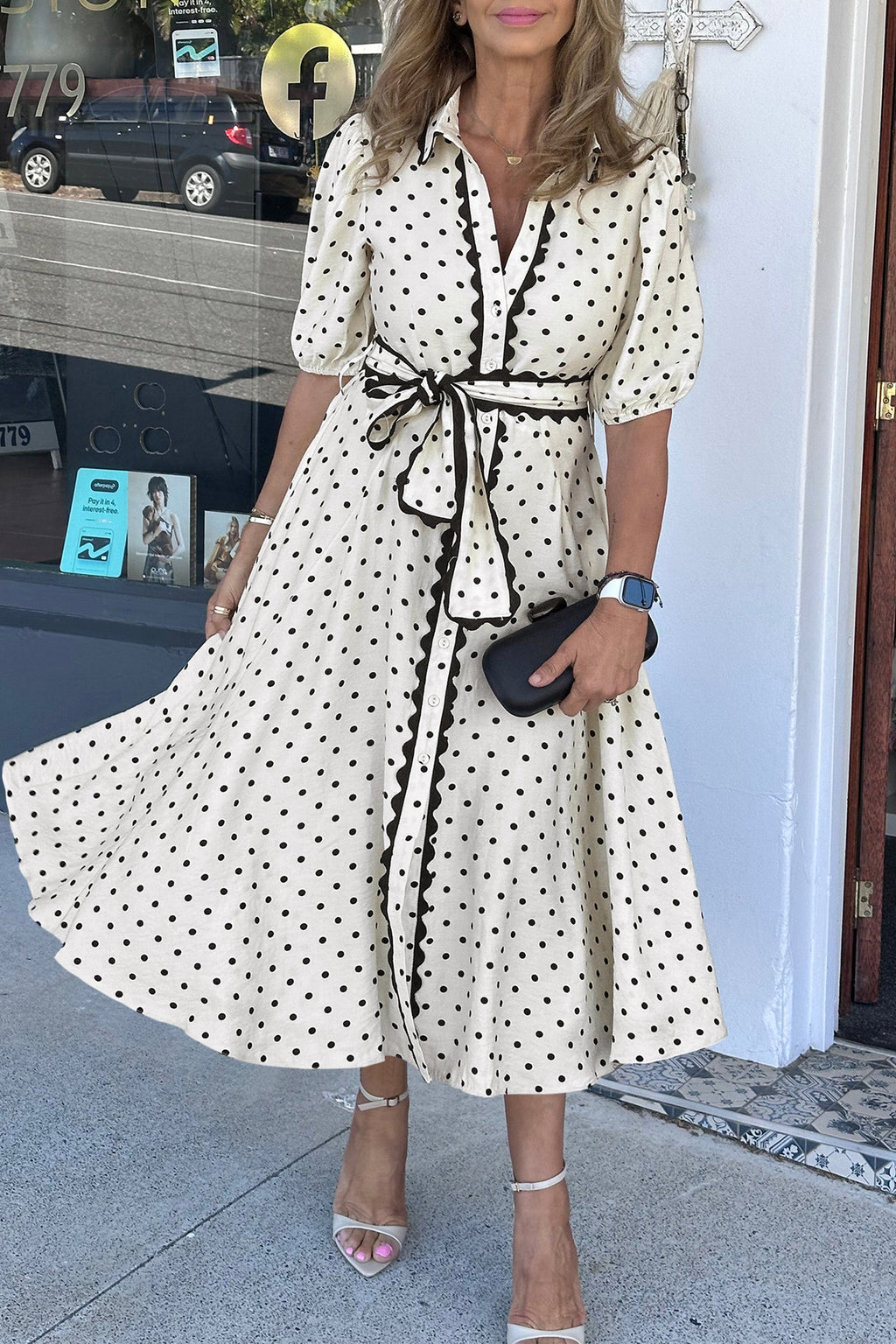 White Polka Dot Midi Dress with Contrast Scalloped Trim