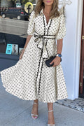White Polka Dot Midi Dress with Contrast Scalloped Trim