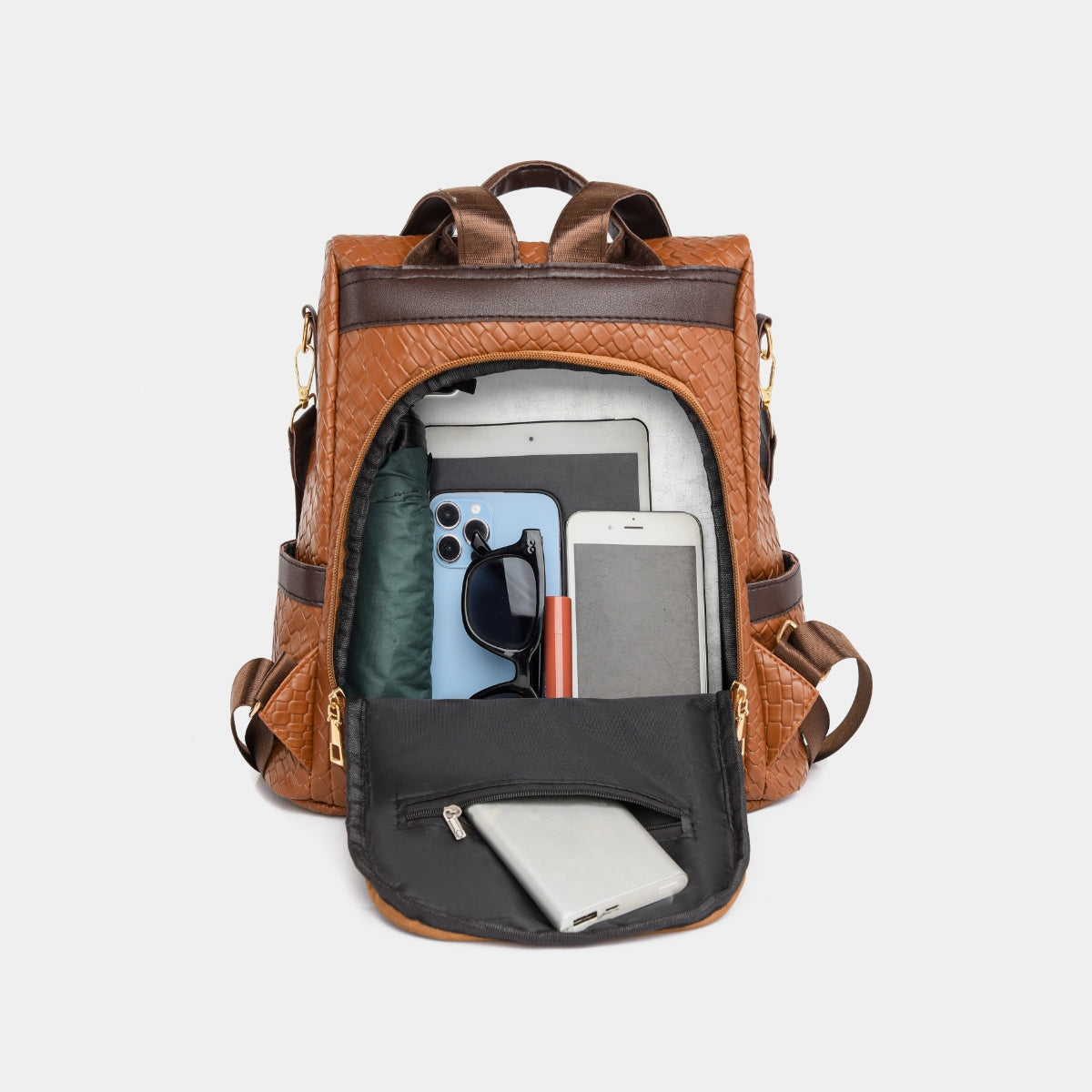 Woven Texture PU Leather Backpack Convertible Shoulder Bag