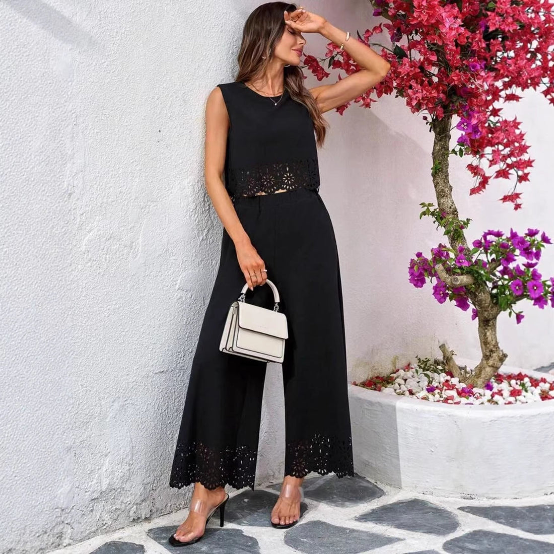 Women's 2-Piece Hollow-Out Tank Top and Wide-Leg Pants Set