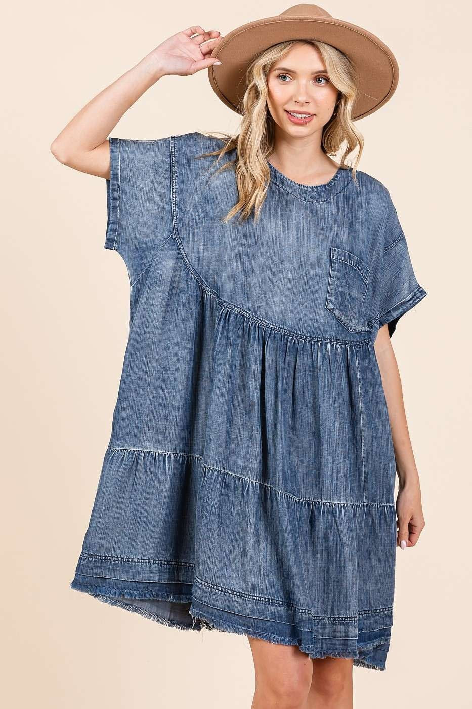Oversized Denim Mini Dress: Relaxed Bohemian Shift Dress in Blue