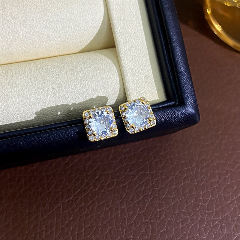 Womens Delicate Mini Geometric Square Rhinestone Stud Earrings,Costume Earrings For Daily Party Wear