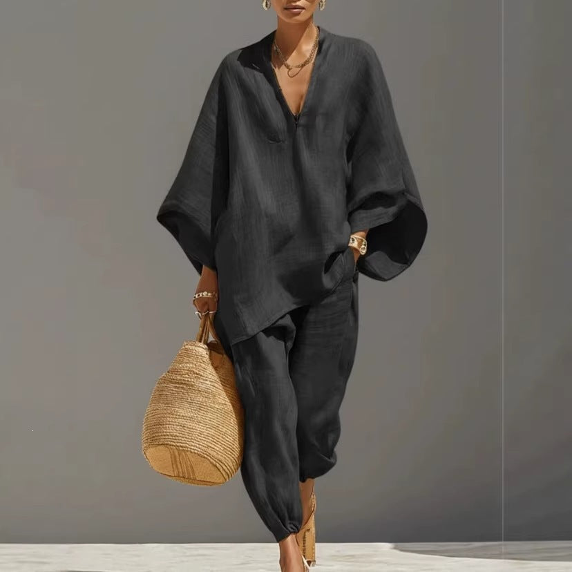 Women's Relaxed Linen-Look Shirt and Cropped Trouser Set - Image 2
