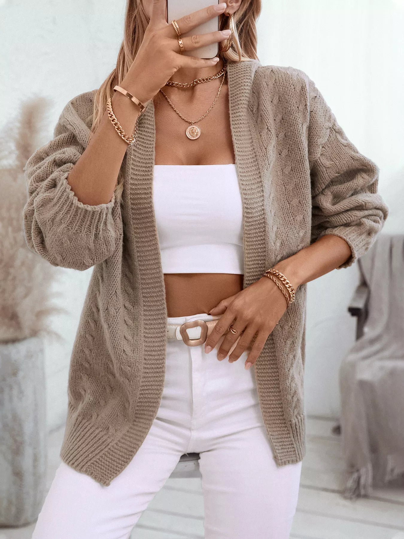 Women's Beige Cable Knit Open Front Hooded Cardigan Sweater