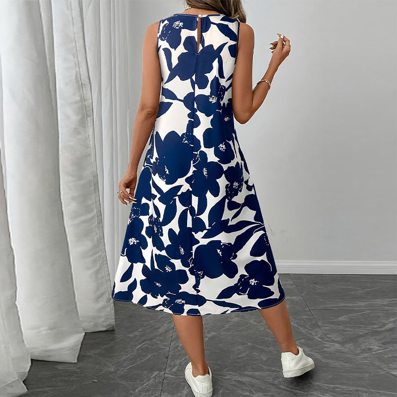 Floral A-Line Midi Dress Sleeveless Button-Front Vest Dress
