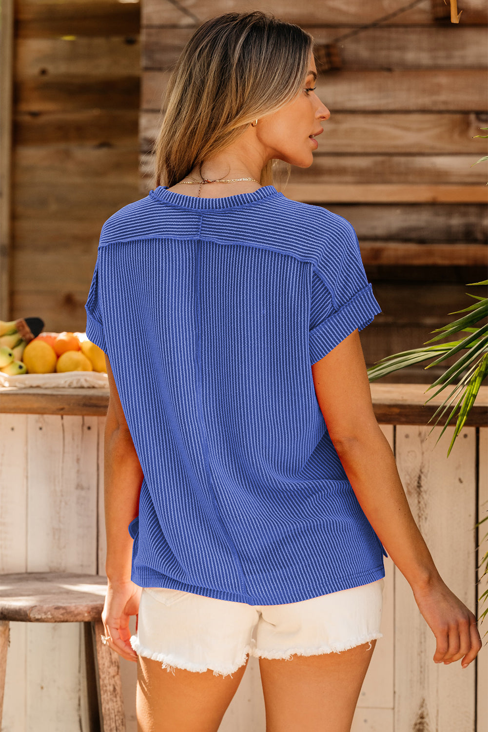 Women’s Blue Knit Textured Round Neck Short Sleeve Casual T-Shirt
