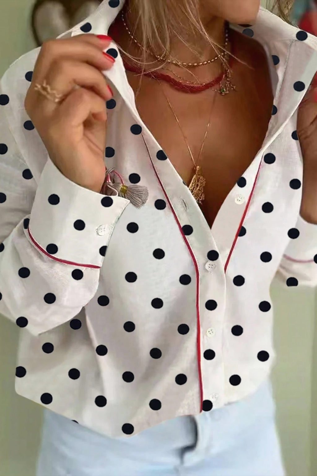 White Polka Dot Contrast Piping Elegant Shirt