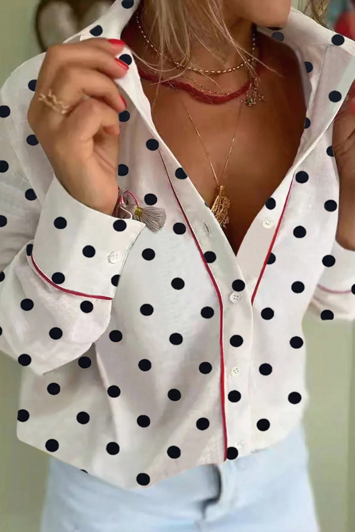 White Polka Dot Contrast Piping Elegant Shirt