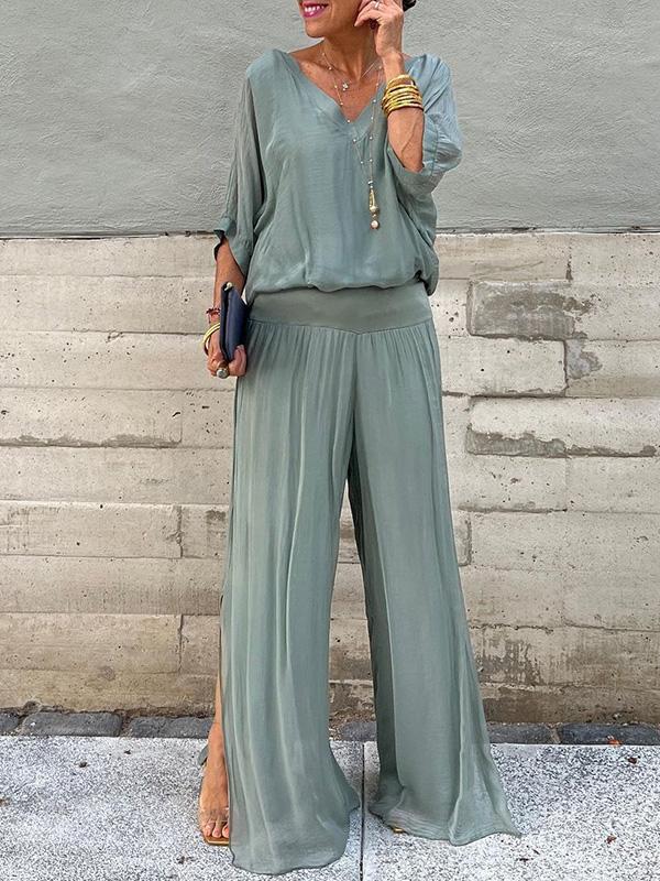 Solid Color Chiffon Two-Piece Set with V-Neck Top and Trousers - Image 11