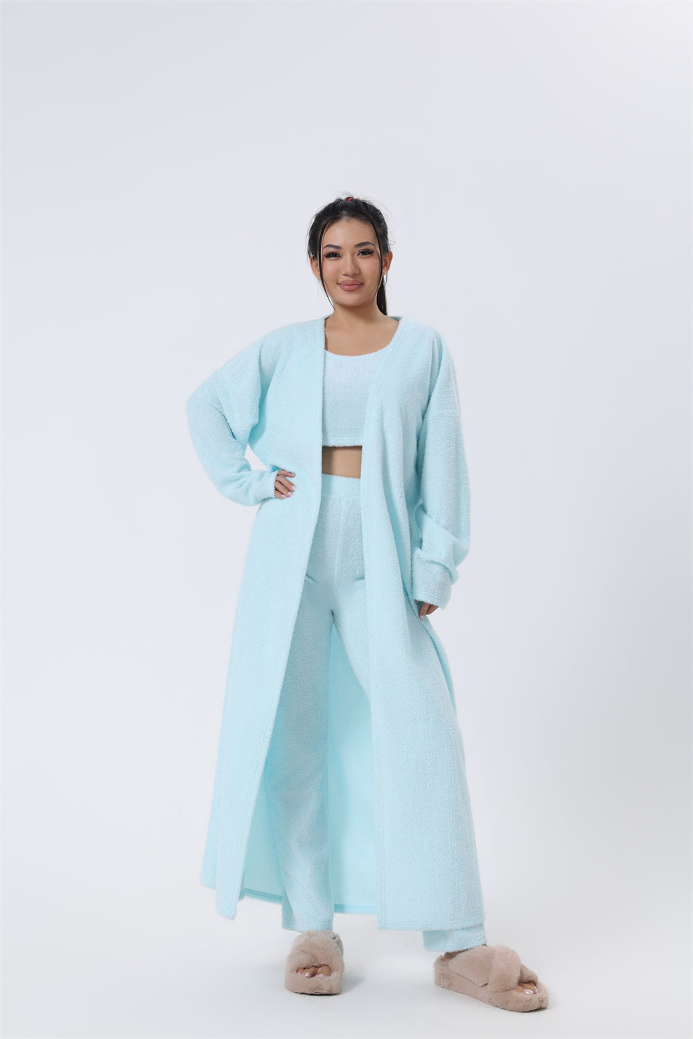 3-Piece Cozy Lounge Set: Soft Knit Crop Top, Pants & Cardigan