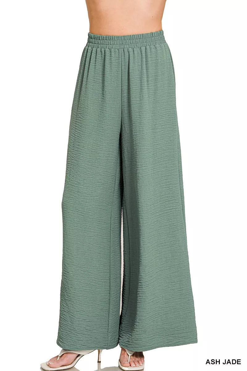Zenana Woven Airflow Elastic Waistband Wide-Leg Pants