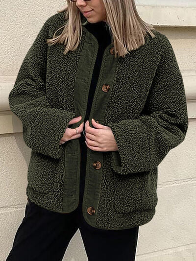 Women's Cozy Sherpa Fleece Button Up Jacket with Functional Pockets
