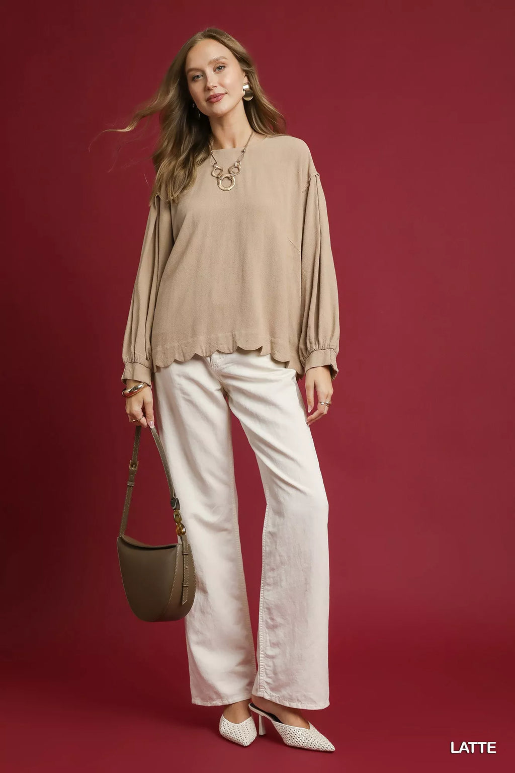 Latte Linen Scallop Hem Long Sleeve Blouse