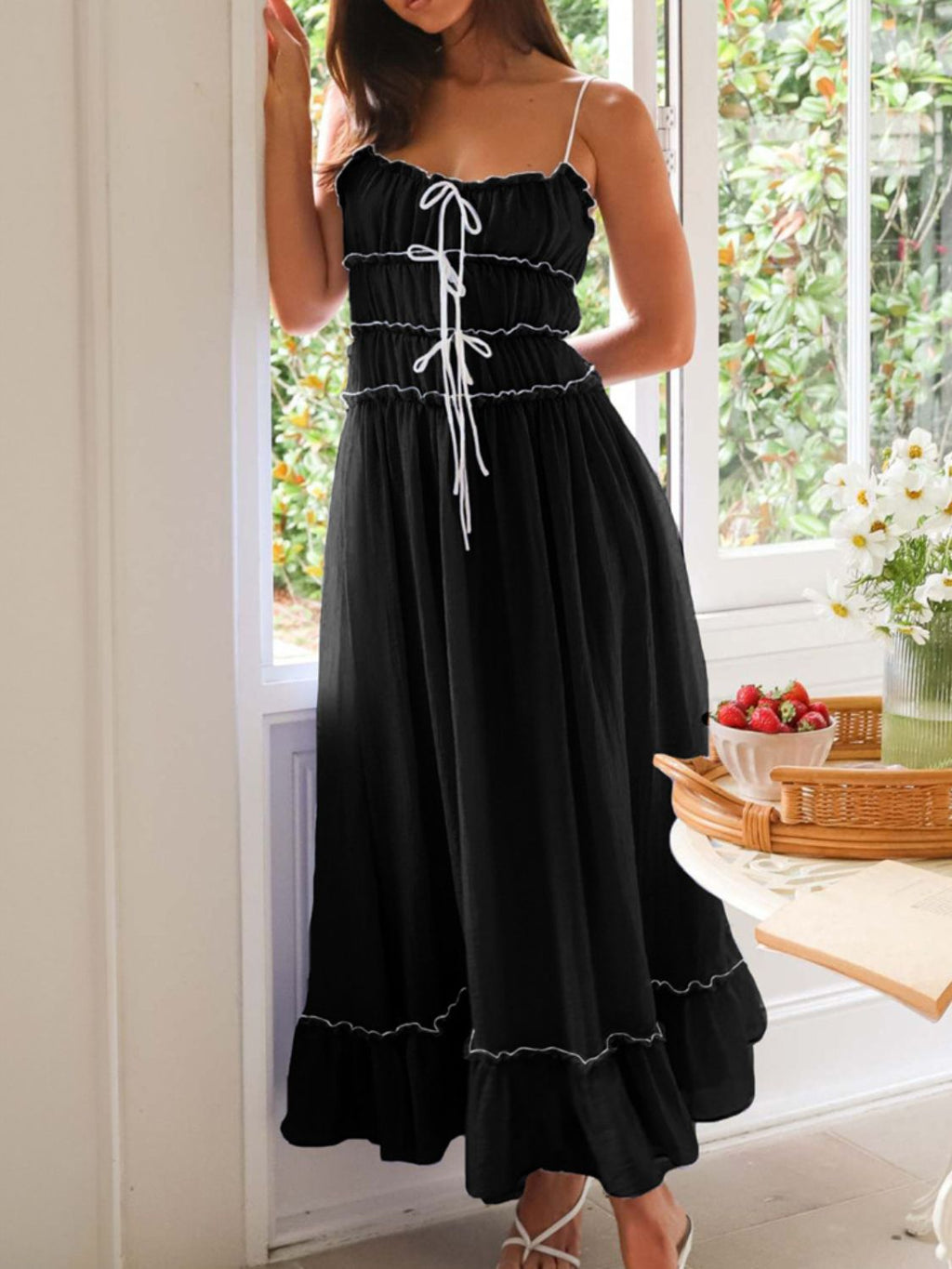 Girls Vintage Ruffled Hem Midi Dress with Tied and Ruched Detail