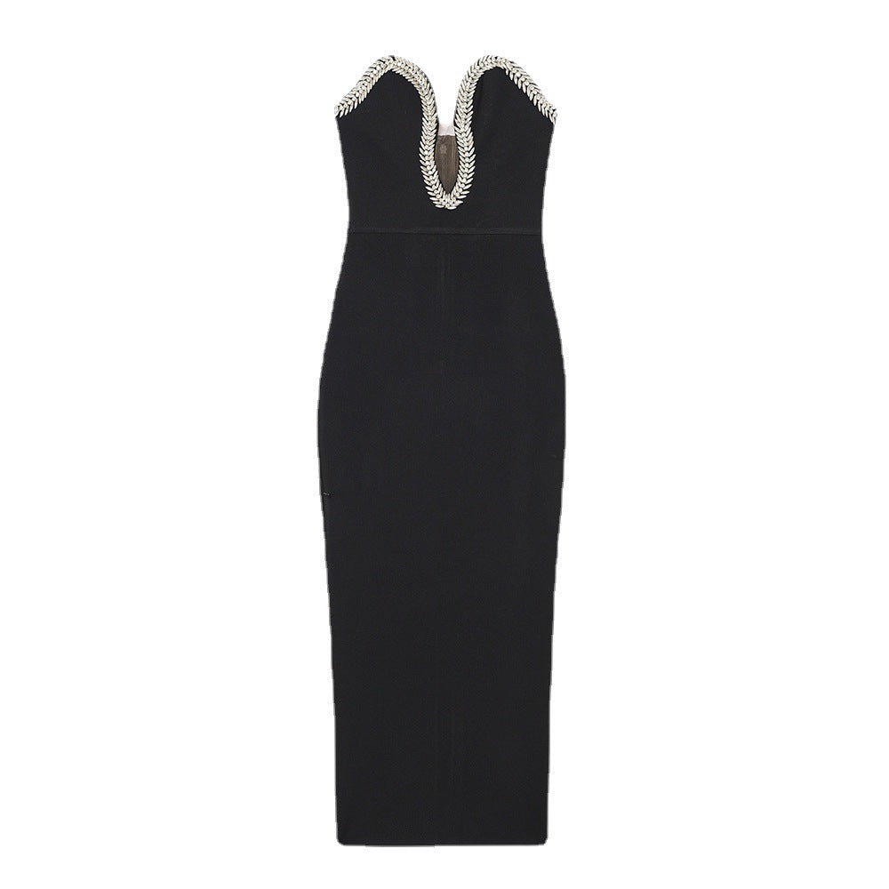 Elegant Summer Sexy V-Neck Bodycon Dress with Rhinestones