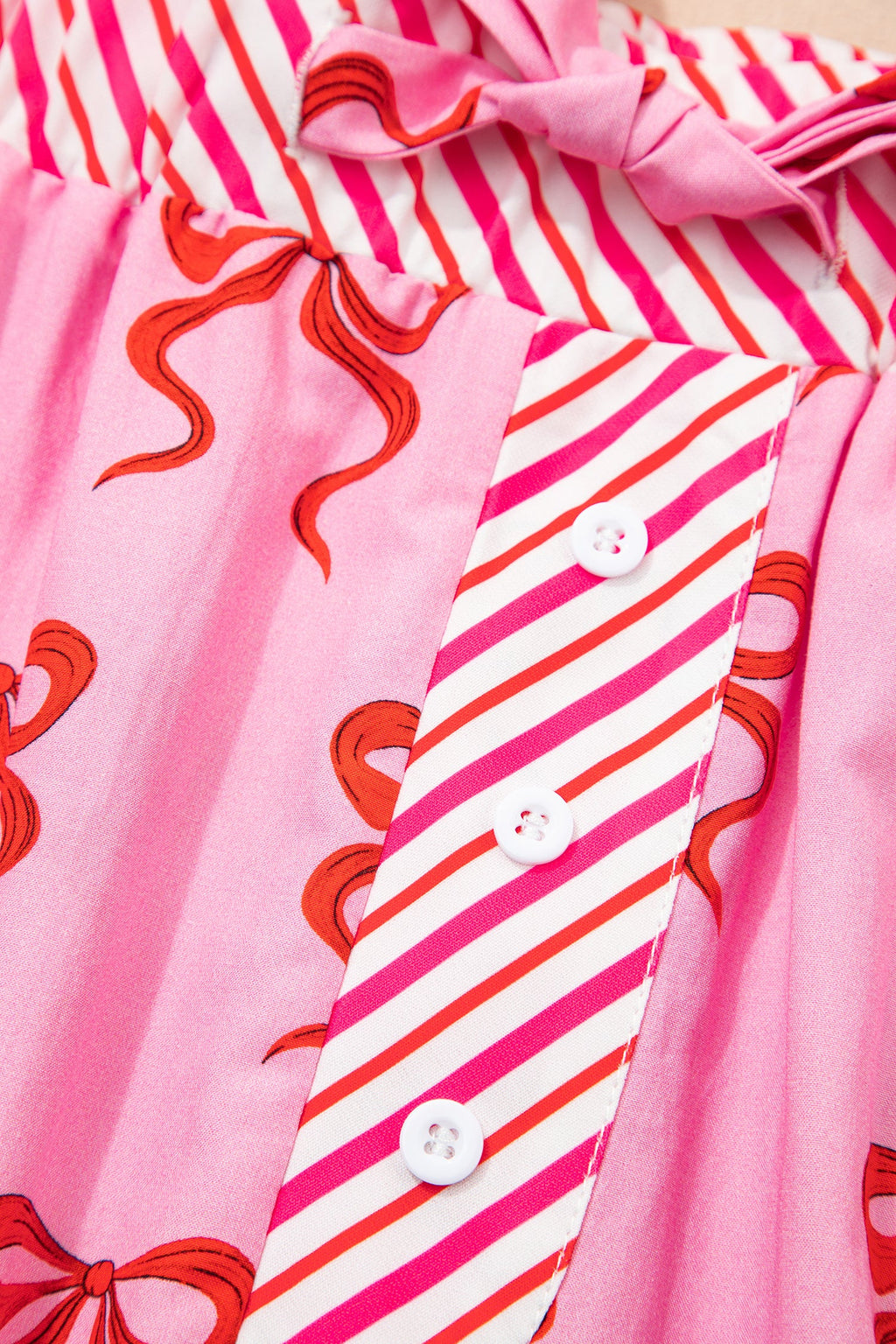 Pink Bow Print Striped Patchwork Shorts with Lace Trim