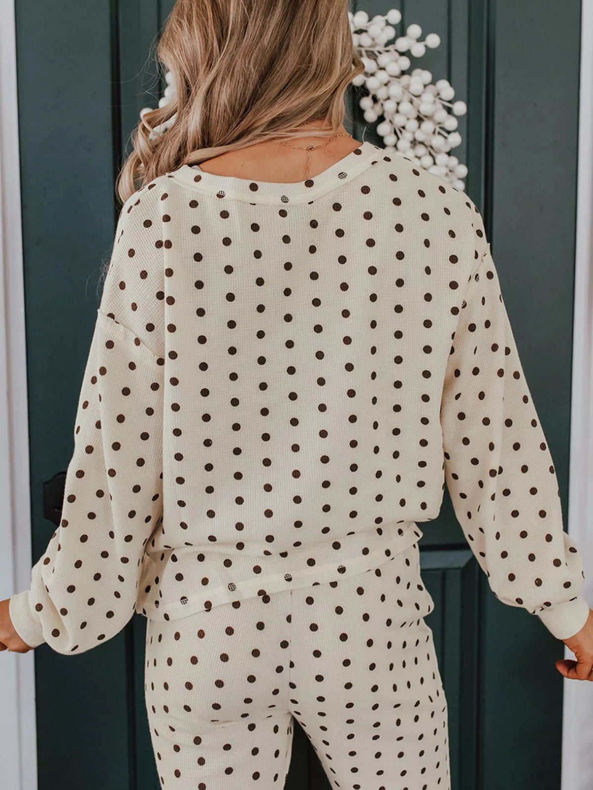 Polka Dot Notched Long Sleeve Top and Drawstring Joggers Lounge Set