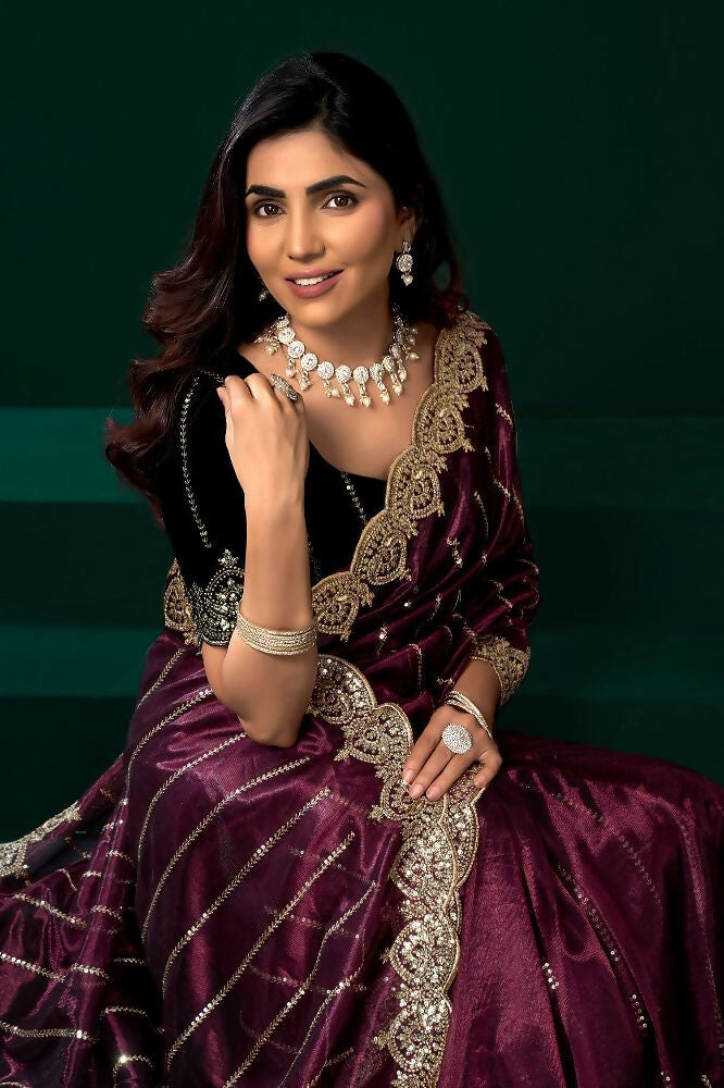 Purple Net Party Wear Saree with Contrast Black Velvet Blouse