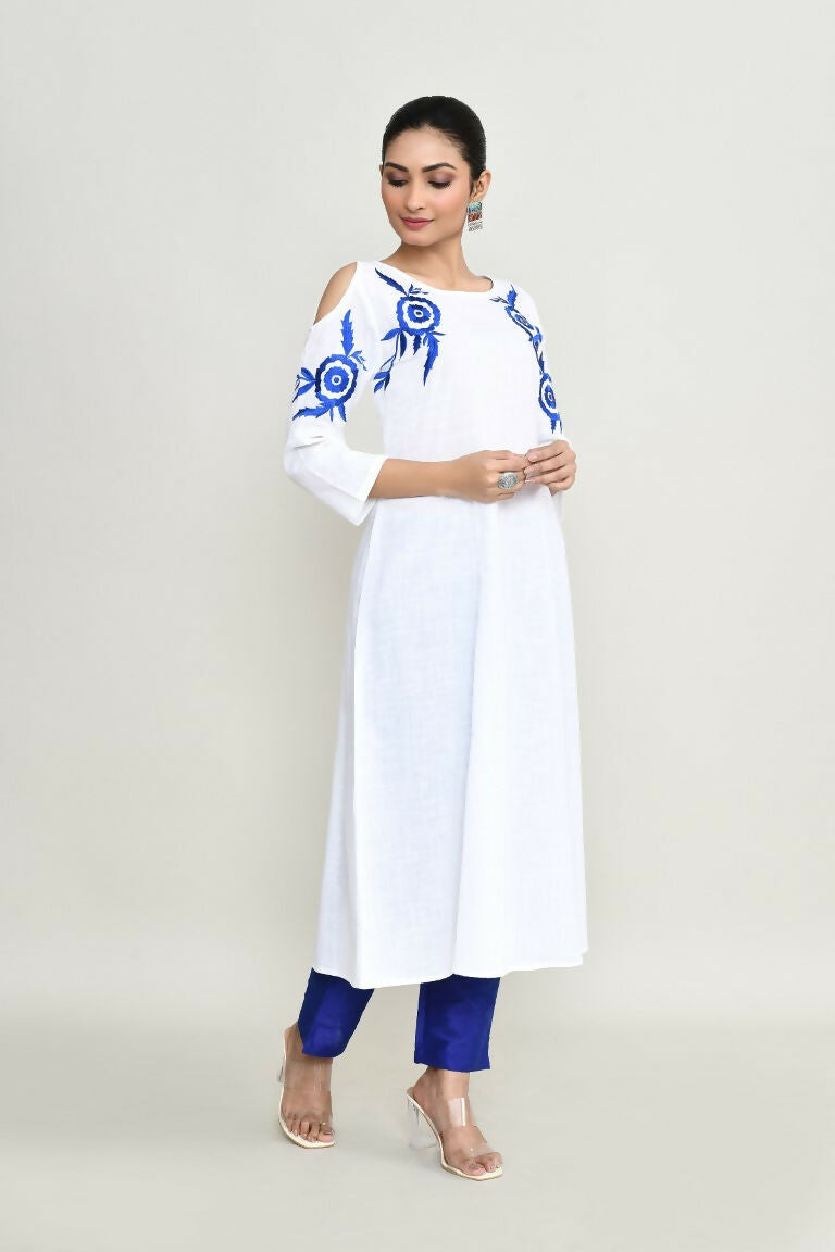 White Rayon Kurta Set with Dupion Silk Bottoms - Ethnic 2-Piece