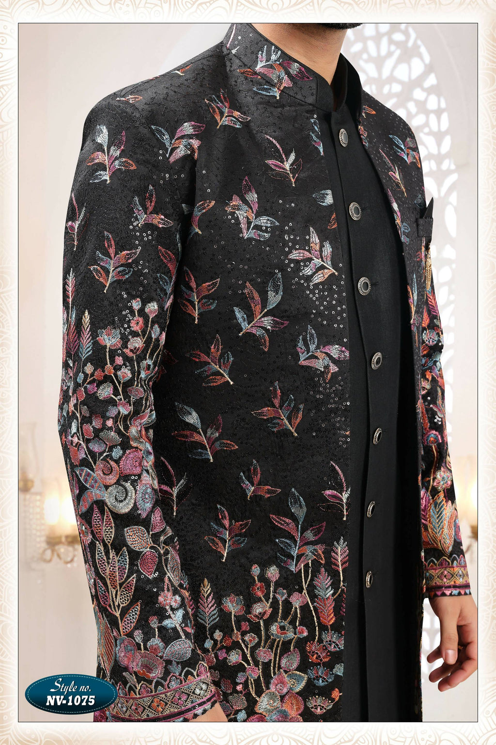 Black Silk Straight Kurta Set with Thread and Sequence Embroidery