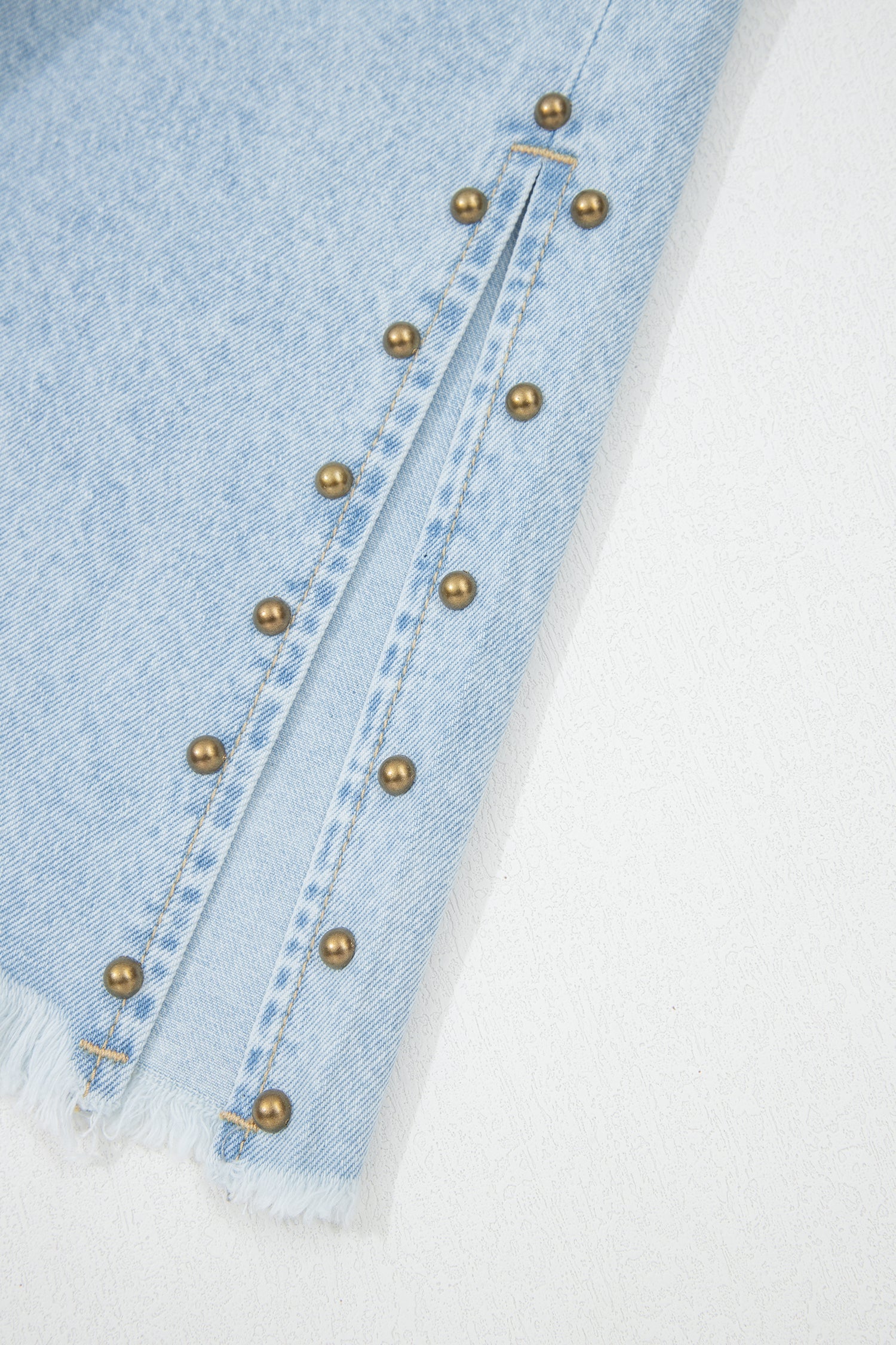 Beau Blue Studded Wide Leg Jeans with Side Slit & Frayed Hem