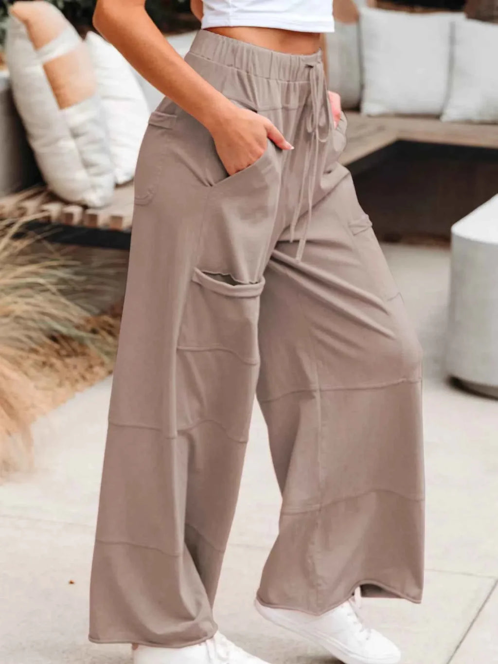 Mineral Wash Exposed Seam Drawstring Elastic Waistband Wide Leg Cargo Pants