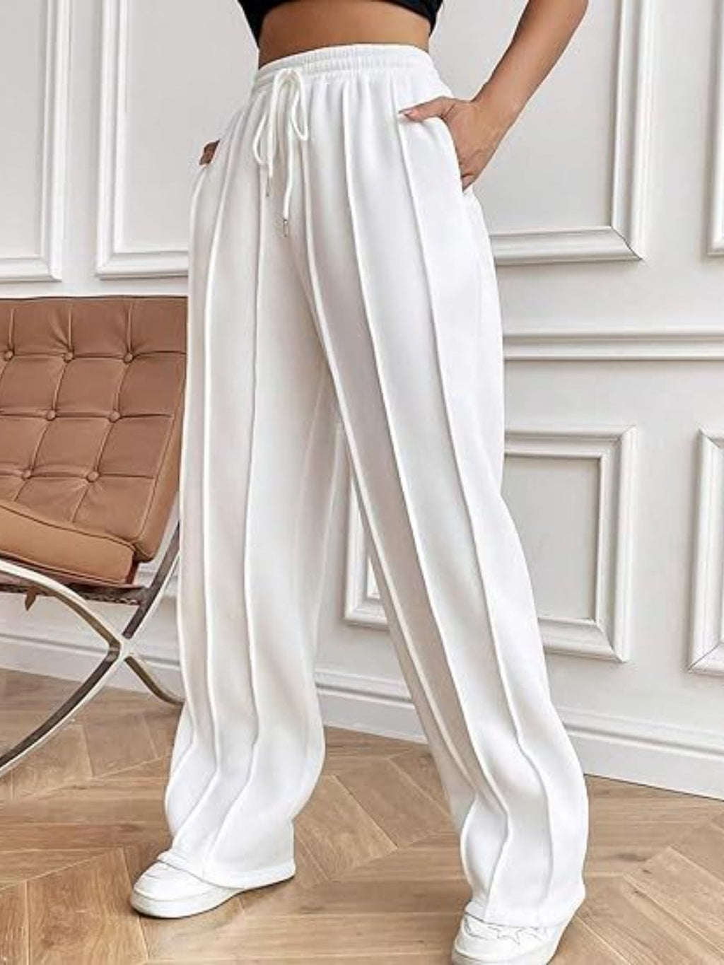 Women's High-Waisted White Drawstring Wide Leg Pants with Pockets - Image 3