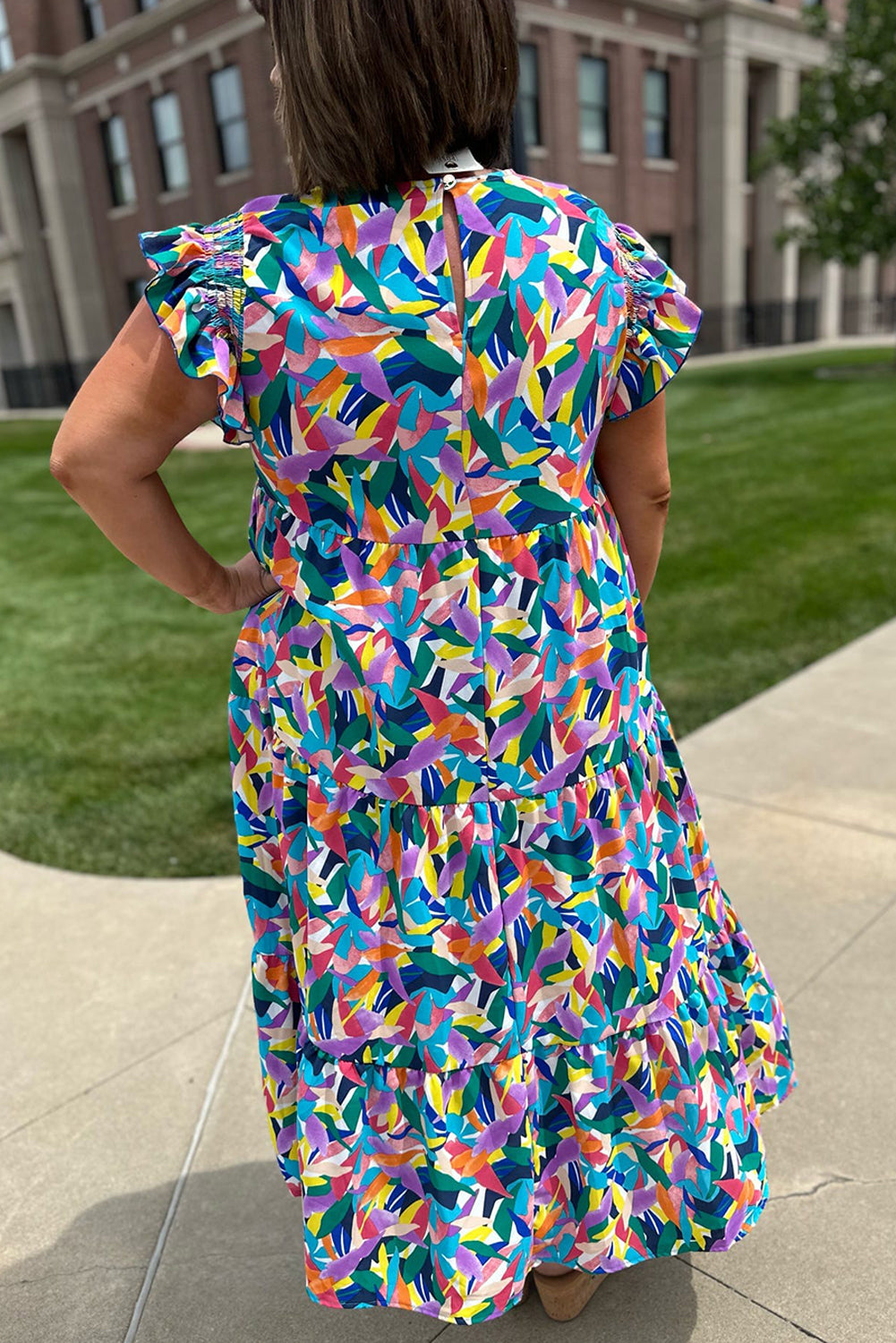 Blue Abstract Print Ruffle Sleeve Tiered Maxi Dress