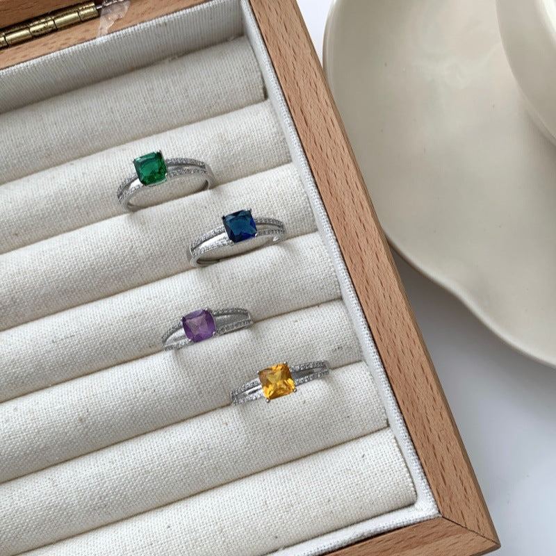Luxury Multicolor Gemstone Ring For Women, Natural Amethyst Square Band, Micro-set Zircon High-end Style