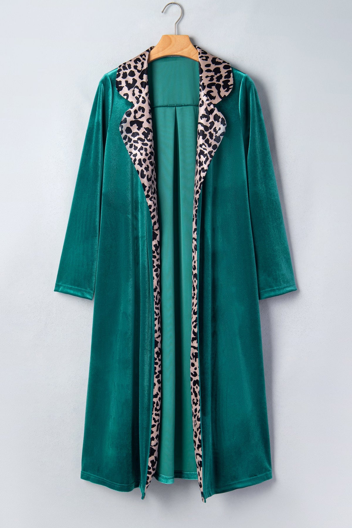Leopard Contrast Collar Velvet Open Front Cardigan