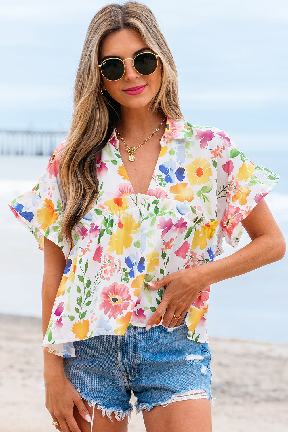 Yellow Floral Boxy V Neck Blouse with Ruffled Short Sleeves