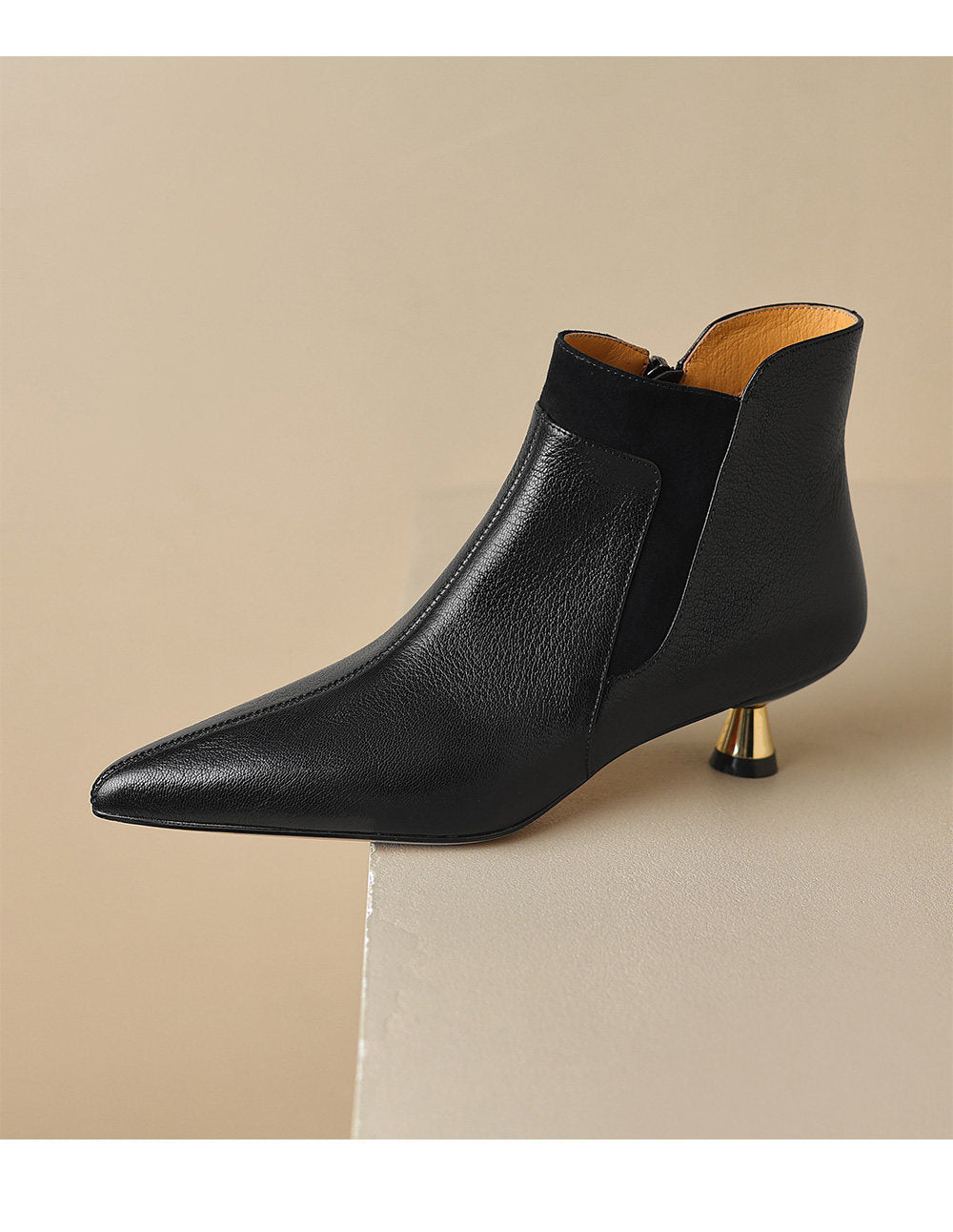 Women's Black Genuine Leather Kitten Heel Ankle Boots Pointed Toe - Image 3