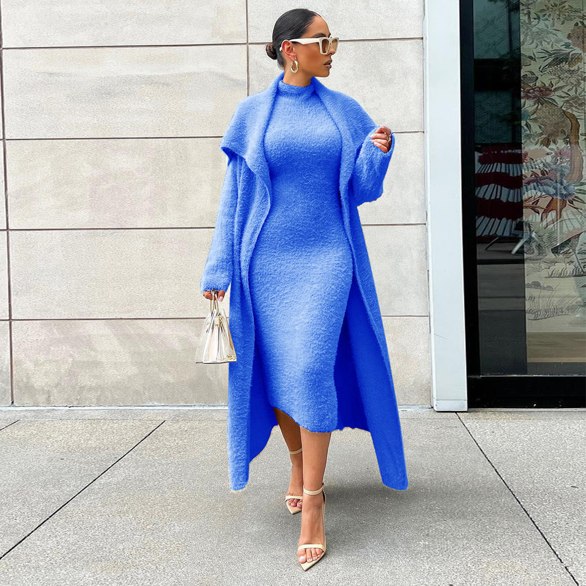 Minimalist Velvet Two-Piece Dress and Long Cardigan Set