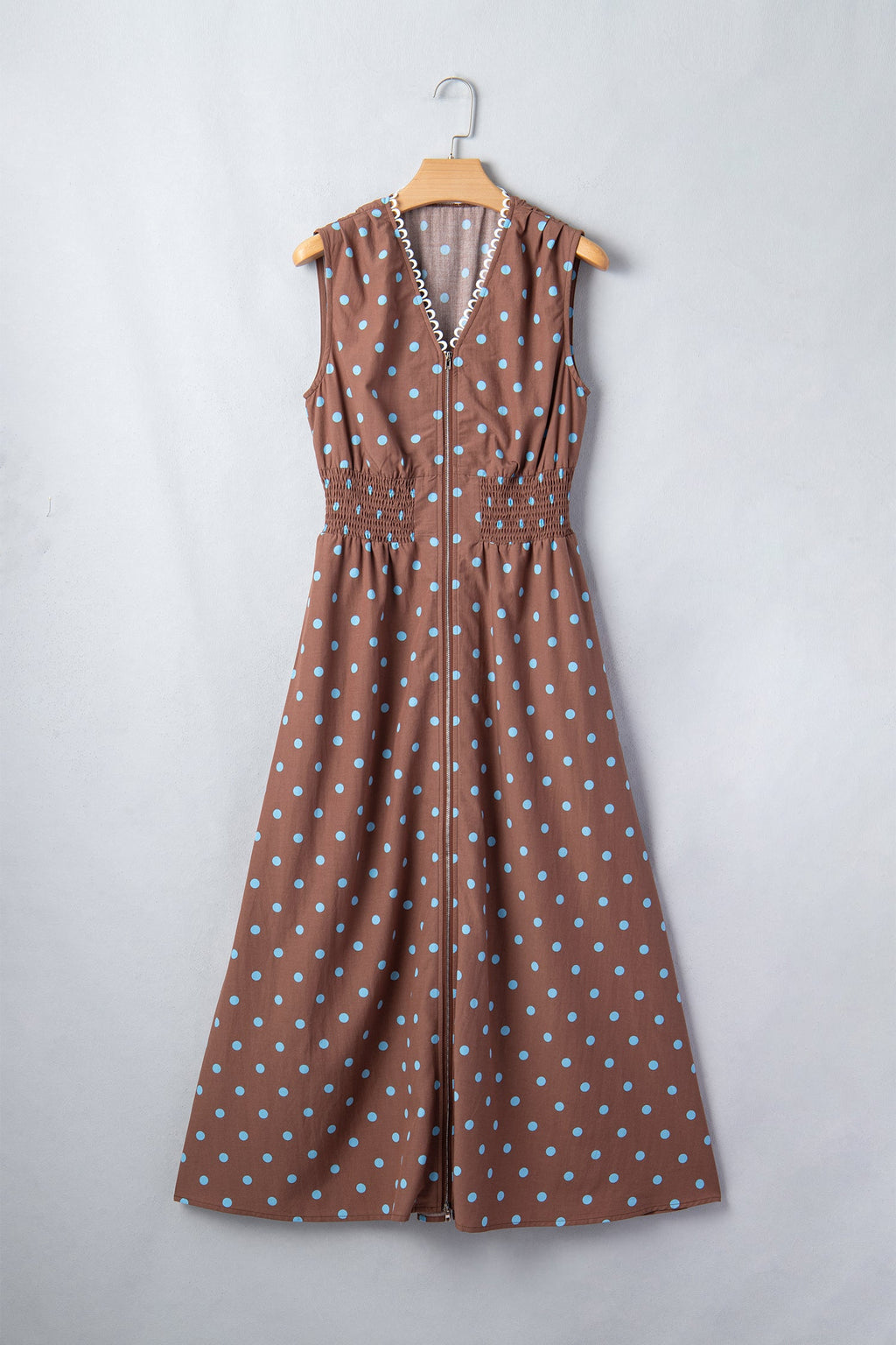 Polka Dot Zip Up V-Neck Sleeveless Dress