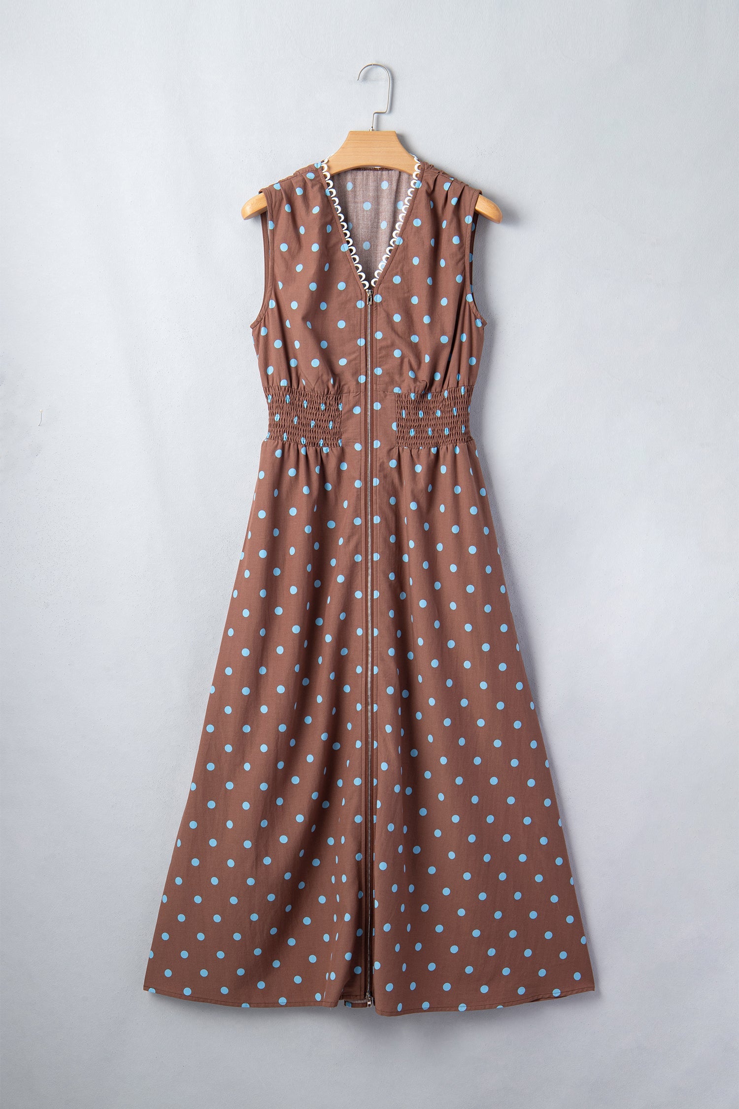 Polka Dot Zip Up V-Neck Sleeveless Dress