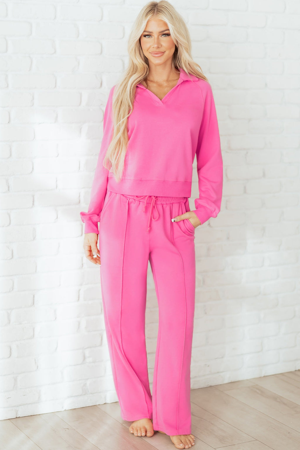 Women's Solid Collared Top and Central Seam Pants Loungewear Set