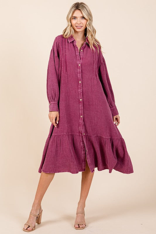 Mineral Wash Cotton Gauze Ruffle Midi Shirt Dress