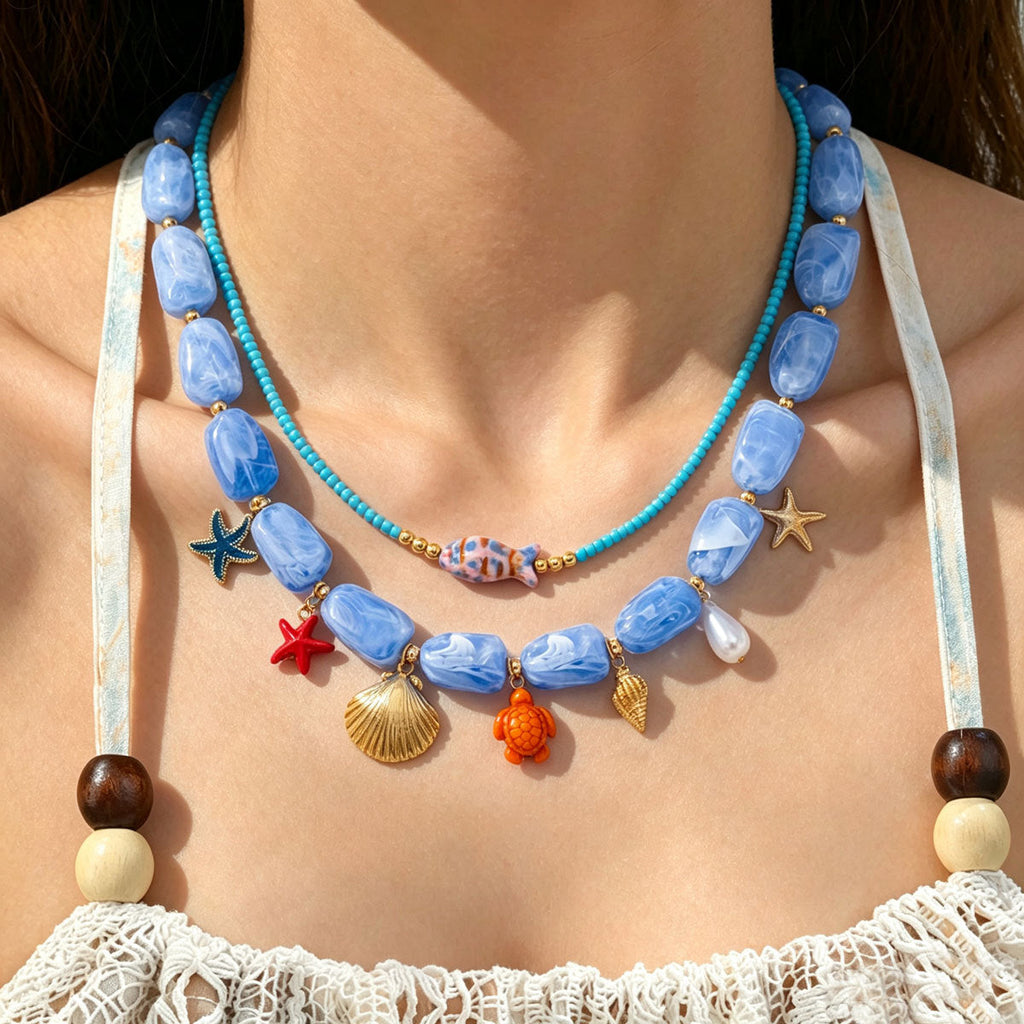 Women 2 Layer Boho Ocean Beaded Necklace, Blue Marbled Acrylic Starfish Turtle Shell Fish Charms Gold Plated Adjustable Summer Beach Vacation Jewelry Gift