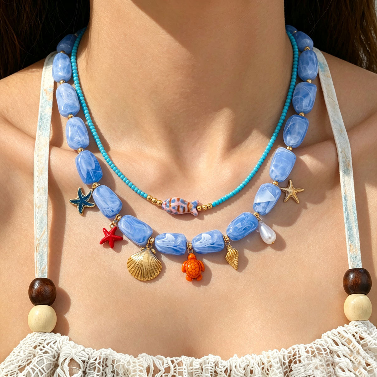 Women 2 Layer Boho Ocean Beaded Necklace, Blue Marbled Acrylic Starfish Turtle Shell Fish Charms Gold Plated Adjustable Summer Beach Vacation Jewelry Gift