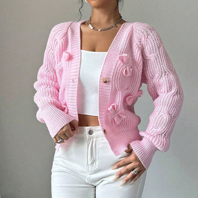 Women's Pink Bow Detail Cropped V-Neck Knit Cardigan - Image 9