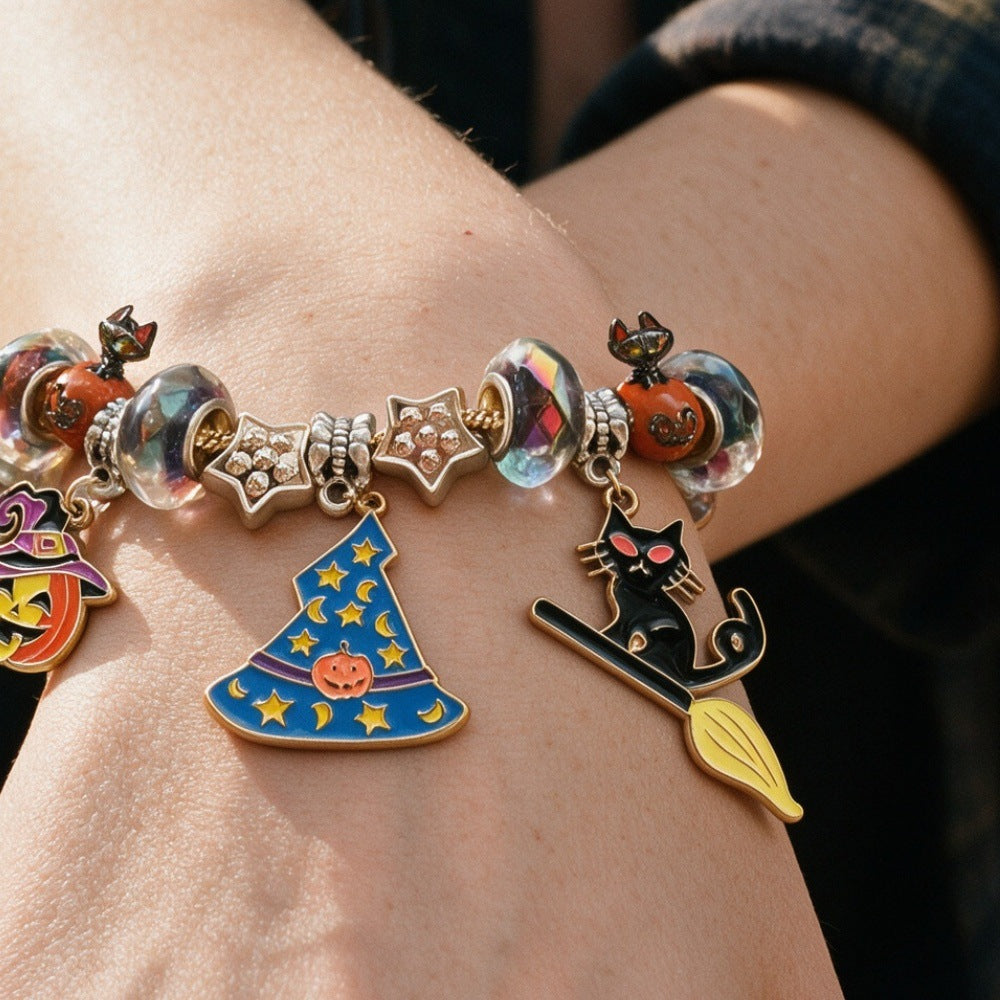Halloween Bracelet With Witch, Black Cat, Pumpkin, And Stars