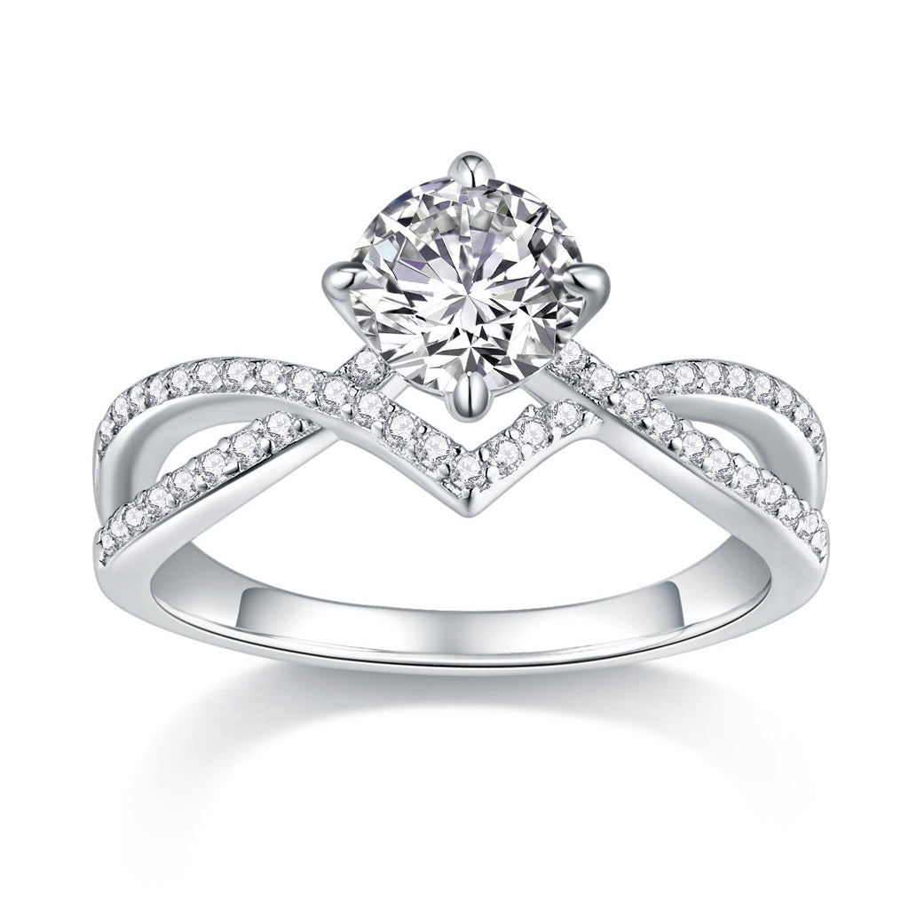 S925 Silver 3.3g Platinum Plated Moissanite Ring, 1ct 6.5mm D VVS1 Criss Cross Band, GRA Certified US 5-9