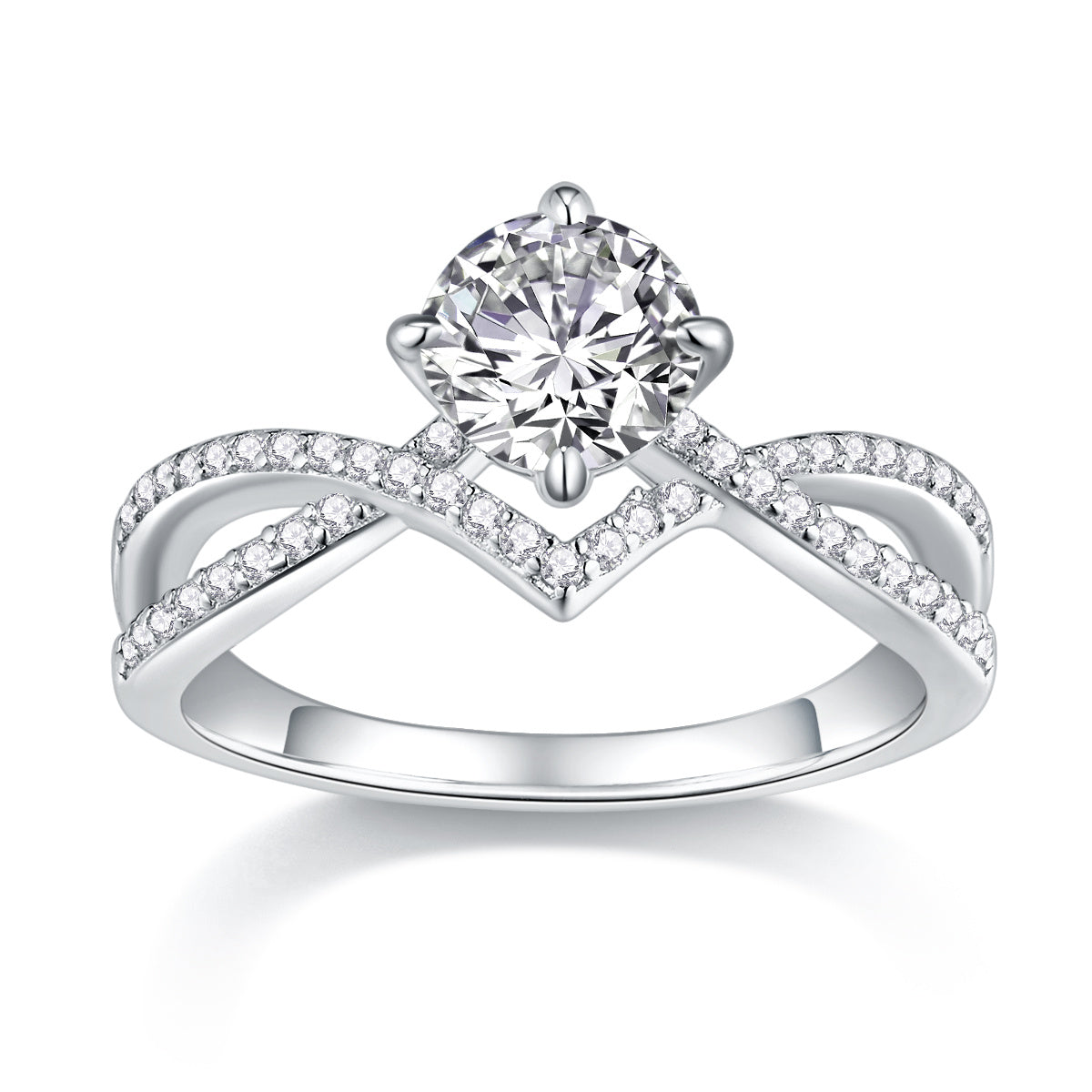 S925 Silver 3.3g Platinum Plated Moissanite Ring, 1ct 6.5mm D VVS1 Criss Cross Band, GRA Certified US 5-9