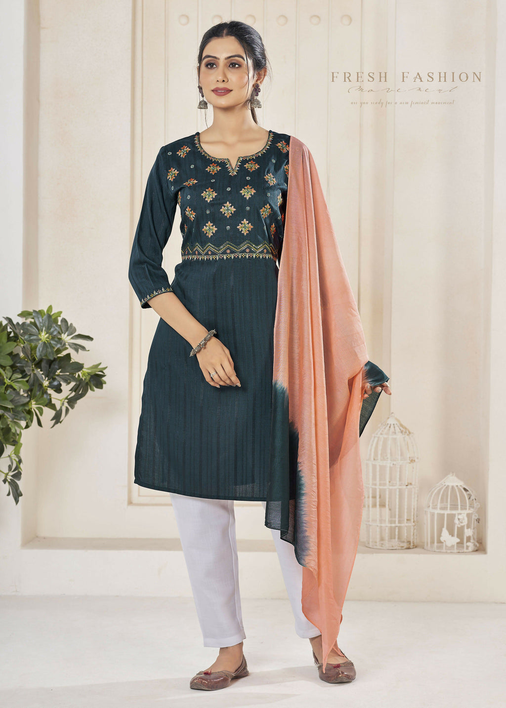 Women's Morpich pure viscose straight kurta set featuring weaving stripes and embroidery with V-neck and 3/4 sleeves.