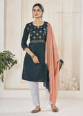 Women's Morpich pure viscose straight kurta set featuring weaving stripes and embroidery with V-neck and 3/4 sleeves.
