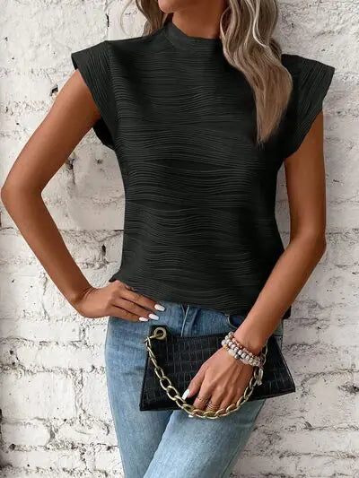 White Textured Wave Pattern Cap Sleeve Top - Image 27